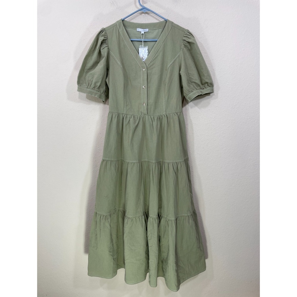 NEW Baltic‎ Born Dress Size L Shelby Midi Tiered Cotton Sage Green Pockets NWT